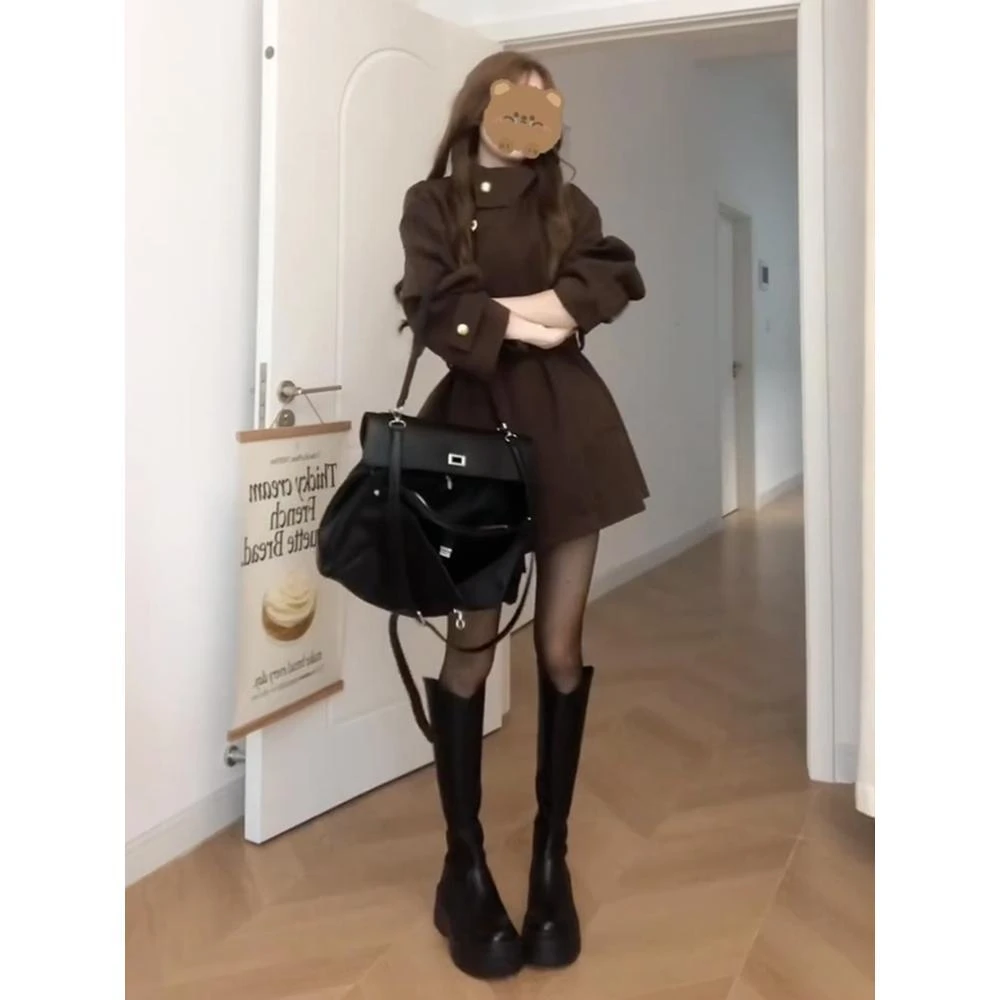 韩系穿搭复古小众棕色立领毛呢外套独特超好看高级感短款呢子大衣