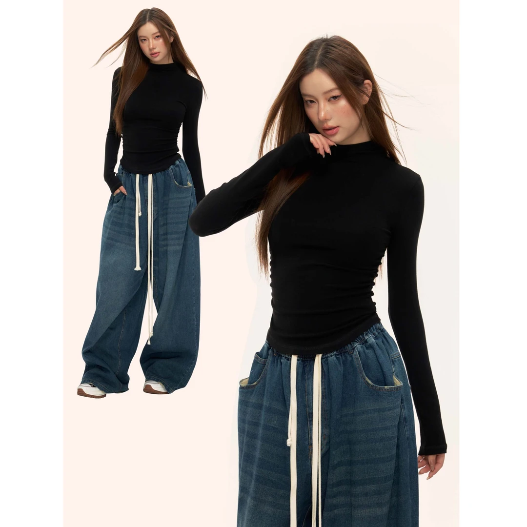 黑色半高领打底衫女内搭长袖修身褶皱收腰中领百搭显瘦秋冬上衣