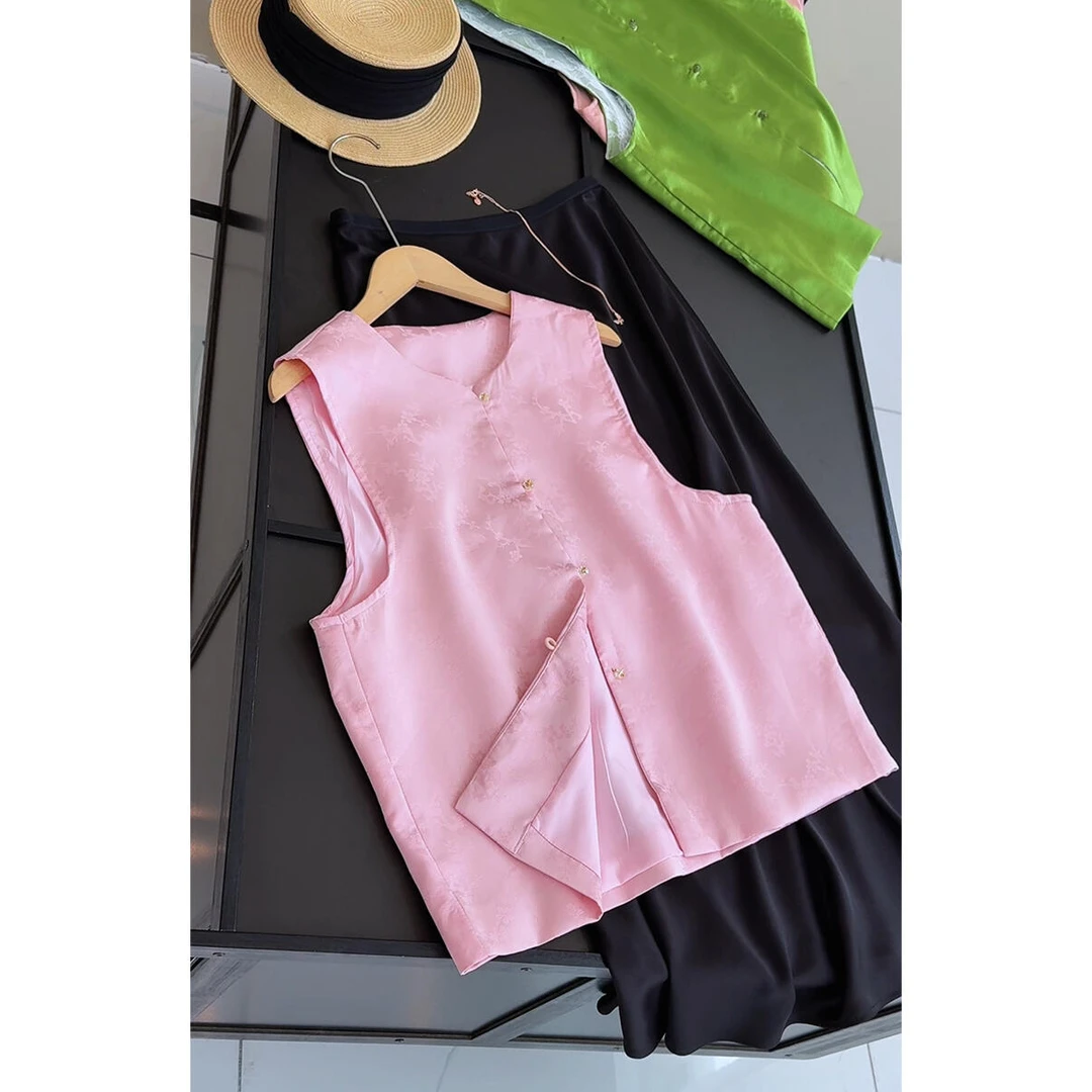 新中式马夹背心女款圆领设计感小众提花轻国风盘扣上衣