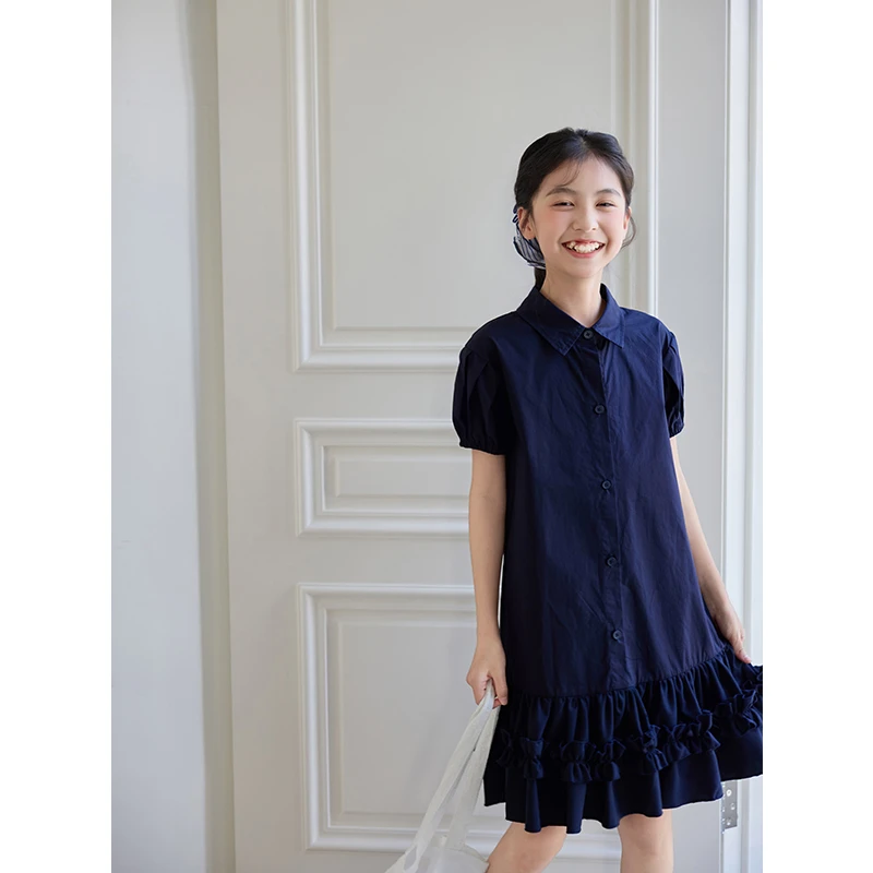 K26459木耳边polo领女童夏装连衣裙2025新款学院风儿童泡泡袖裙子