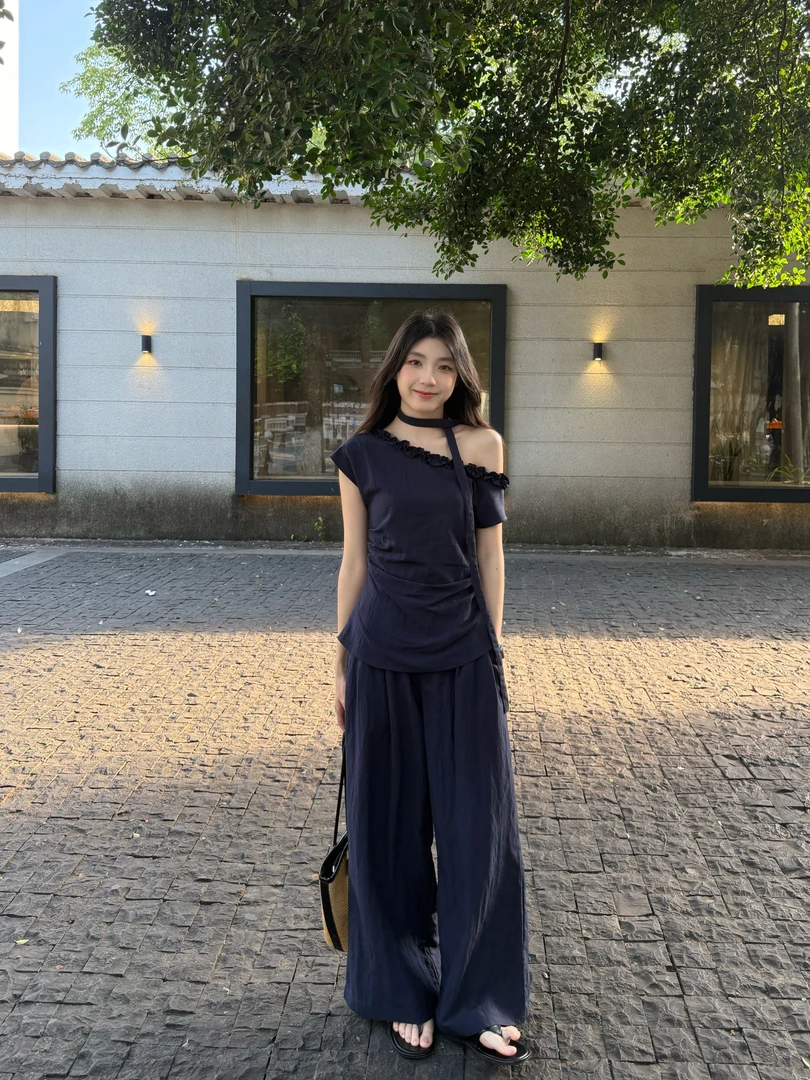 夏季新款法式木耳边飘带斜肩短袖上衣女装设计感独特别致套装