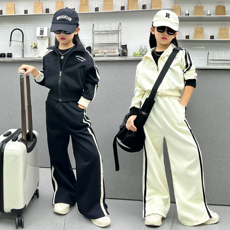 女童秋冬季长外套2025新款6-12岁中大童时尚韩系拉链卫衣运动套装