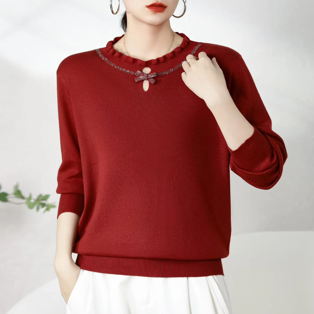 针织百搭常规毛衣木耳领洋气妈妈打底衫秋冬季新款时尚减龄厚上衣