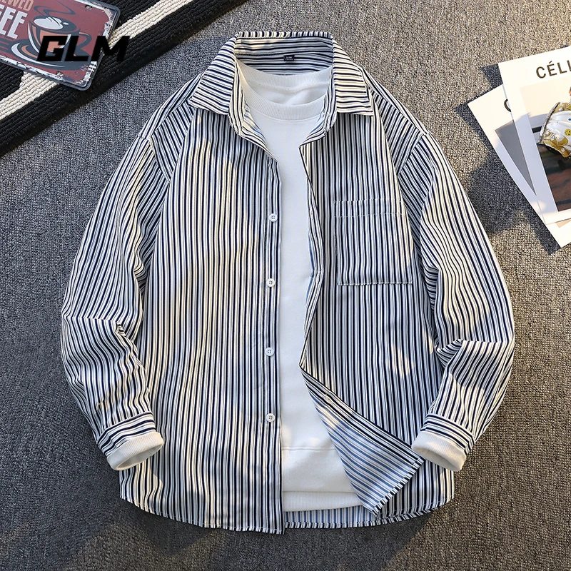 GLM秋季新款日系条纹纹理寸衫高级感休闲宽松长袖衬衫外套 男潮