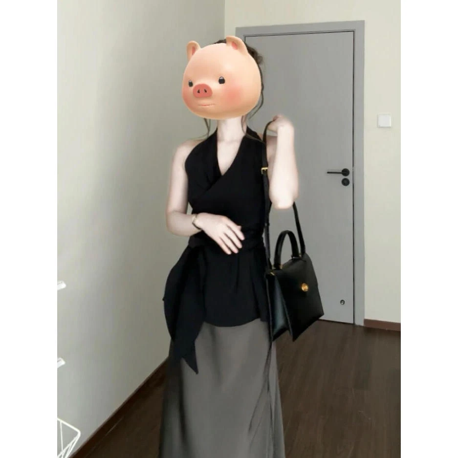 法式挂脖背心缎面半身裙套装女2025春季新款气质高级感两件套