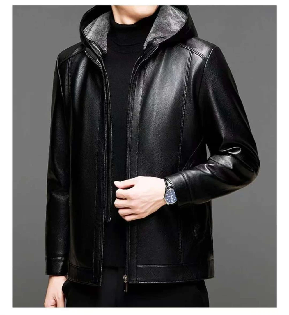 【海宁优选】2025冬季新款可脱卸帽加绒加厚百搭皮衣商务休闲时尚