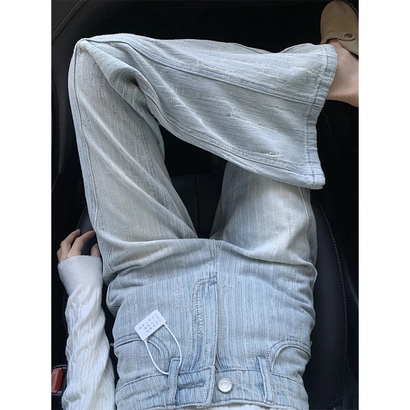 美式复古浅色提花设计感微喇叭牛仔裤女2025夏季新款高腰显瘦长裤