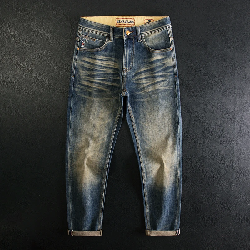 高端轻奢牛仔裤男复古做旧水洗秋冬新款潮流修身直筒休闲百搭长裤