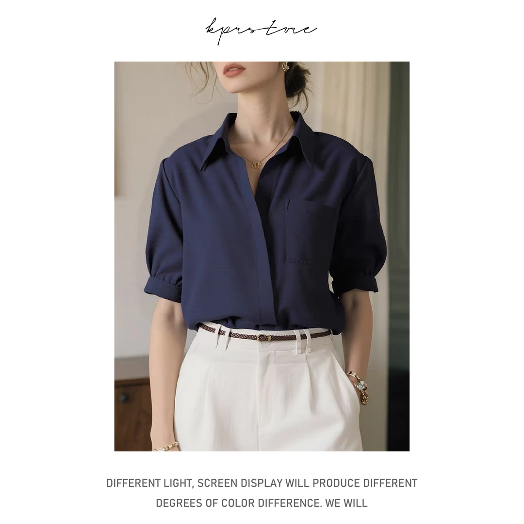 通勤款透气天丝混纺单口袋翻领宽松短袖衬衫