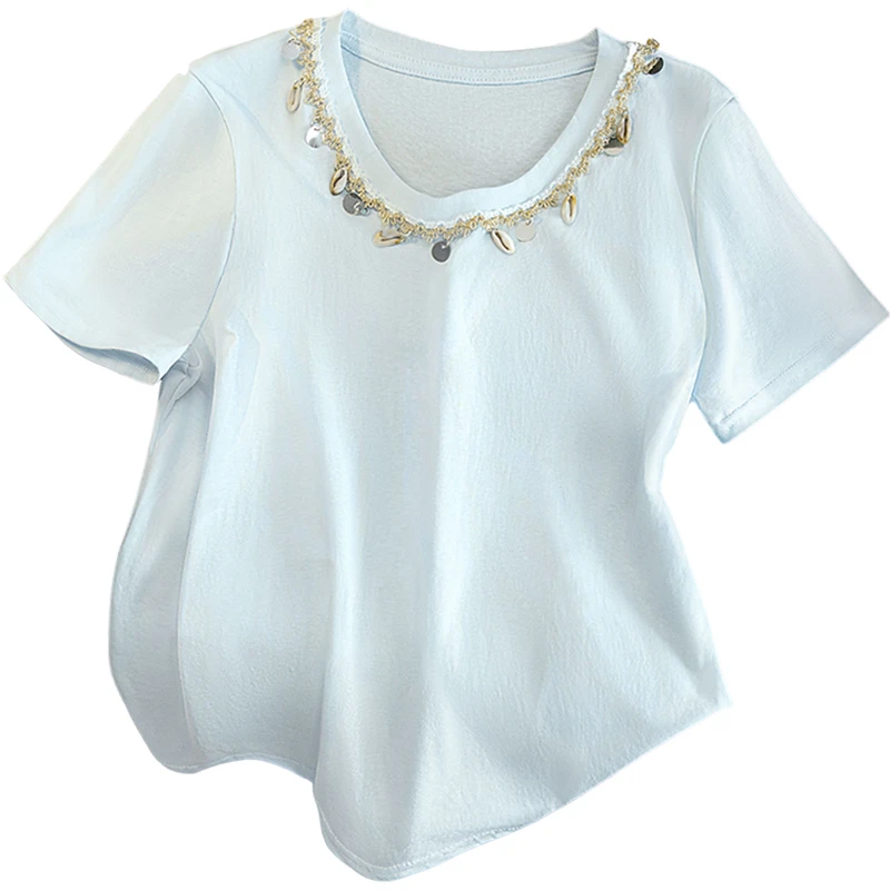 丝柏舍2025夏季新款女装立体装饰简约圆领套头短袖T恤S52X4529T