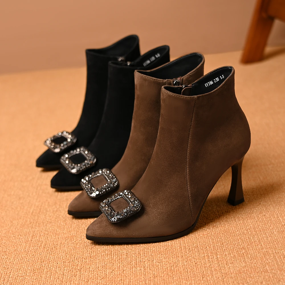 真皮羊皮尖头方扣细跟短靴女秋冬磨砂水钻方扣侧拉链中高跟及踝靴