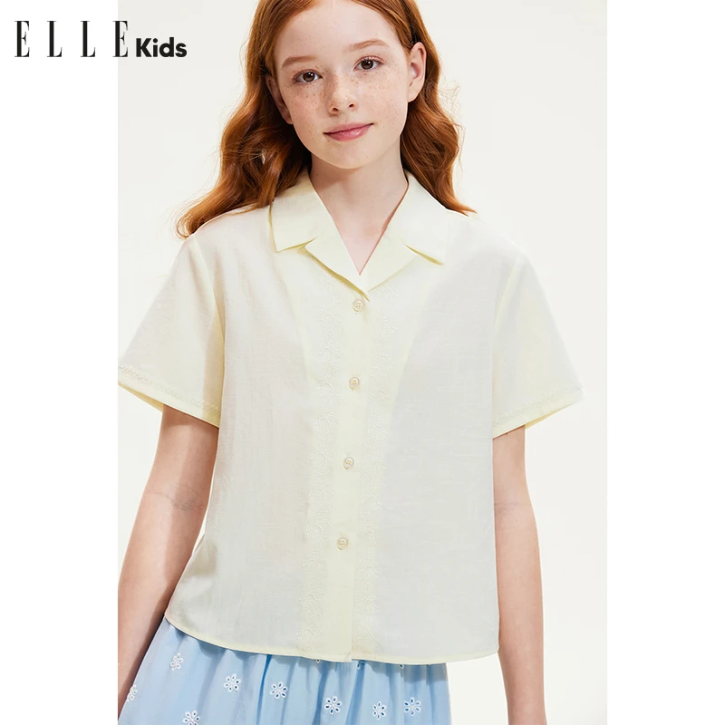 ELLE KIDS 法式刺绣短袖衬衫女儿童夏季新款古巴领度假风上衣X2