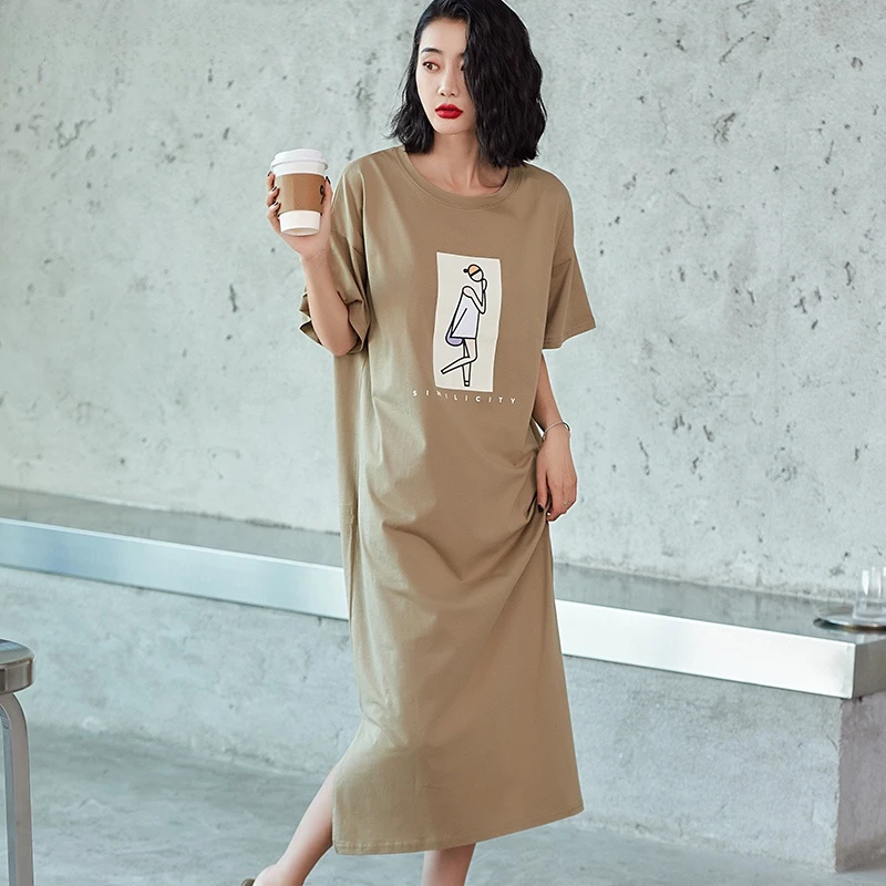 芬腾可安夏季纯棉可外穿简约时尚宽松家居服短袖薄款女睡衣加大码