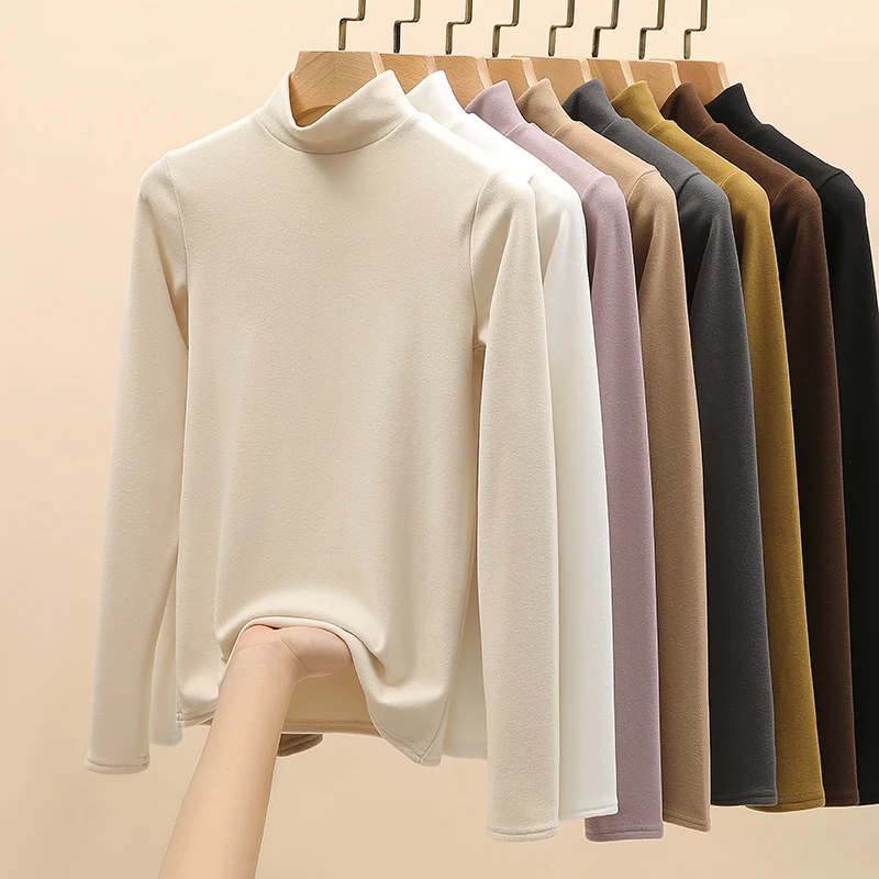 秋冬半高领微米绒打底衫女内搭中领长袖保暖纯色洋气百搭KH319