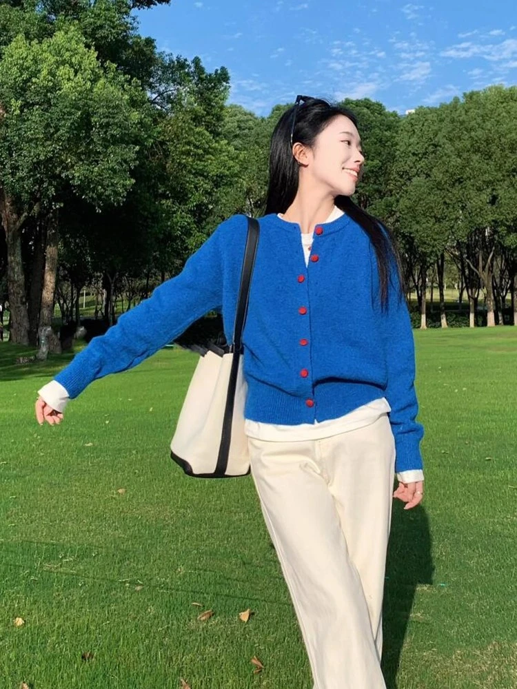 克莱因蓝色圆领毛衣开衫女2025秋季新款加厚宽松慵懒针织外套上衣