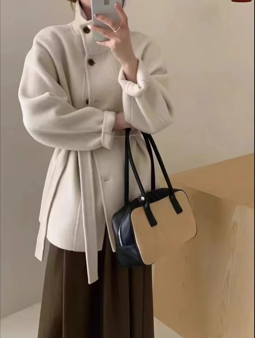 【欧尼】2025春装新款韩版高端立领双面羊毛大衣女中长款小个子外套