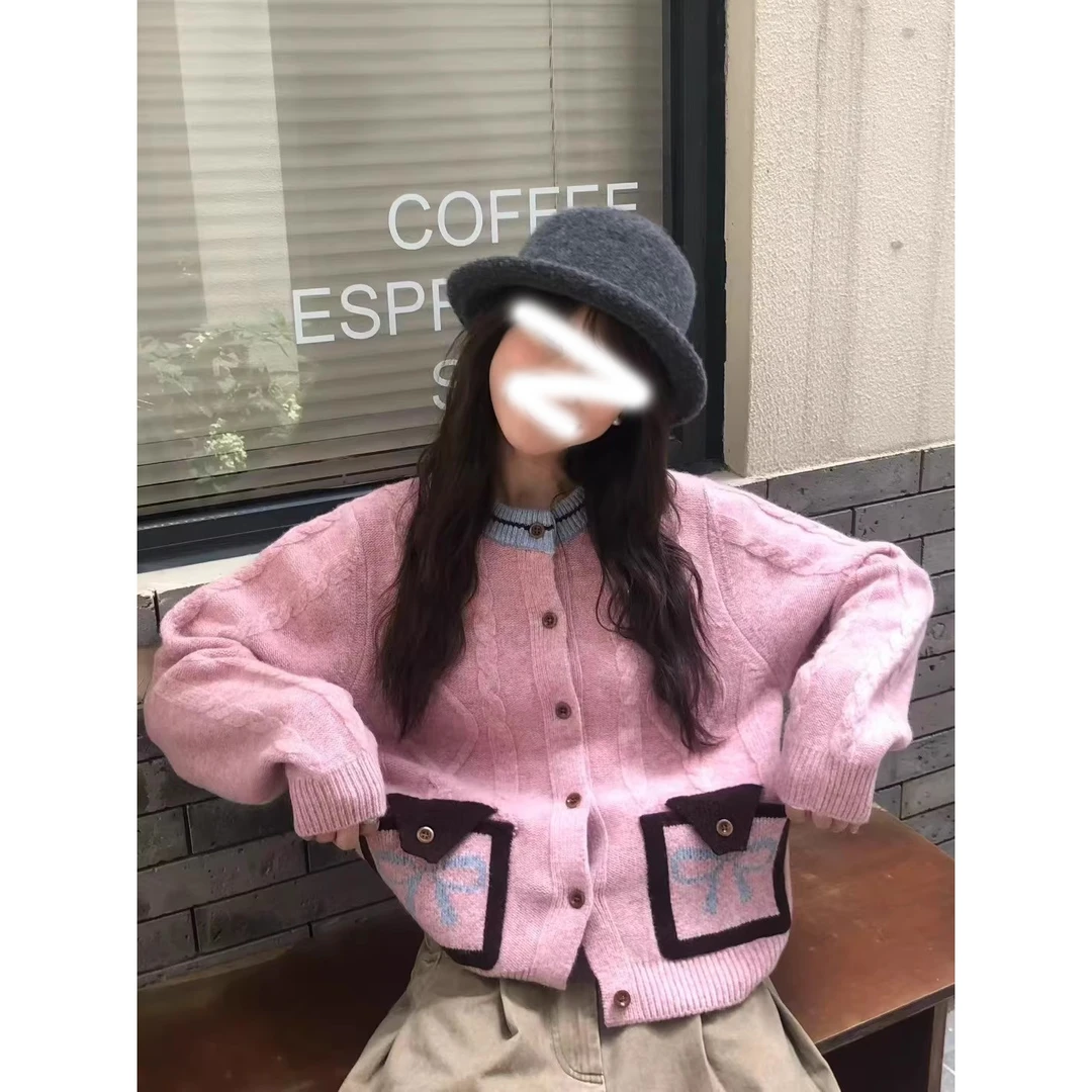 韩系穿搭麻花毛衣撞色开衫女秋冬2025新款复古软糯慵懒风针织外套