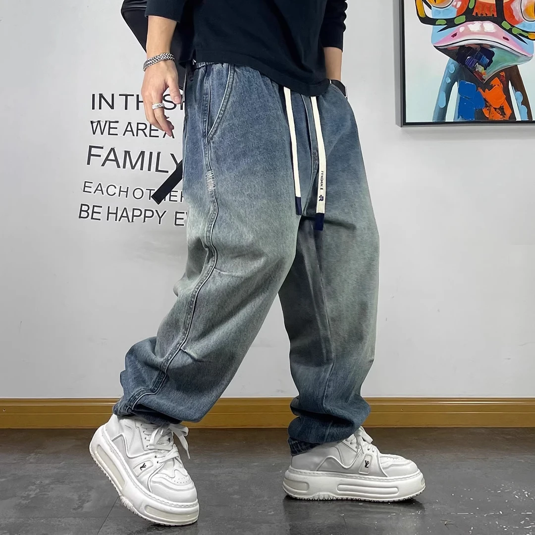 春秋宽松百搭垂感直筒裤大码男青年撞色水洗哈伦牛仔裤男士休闲裤