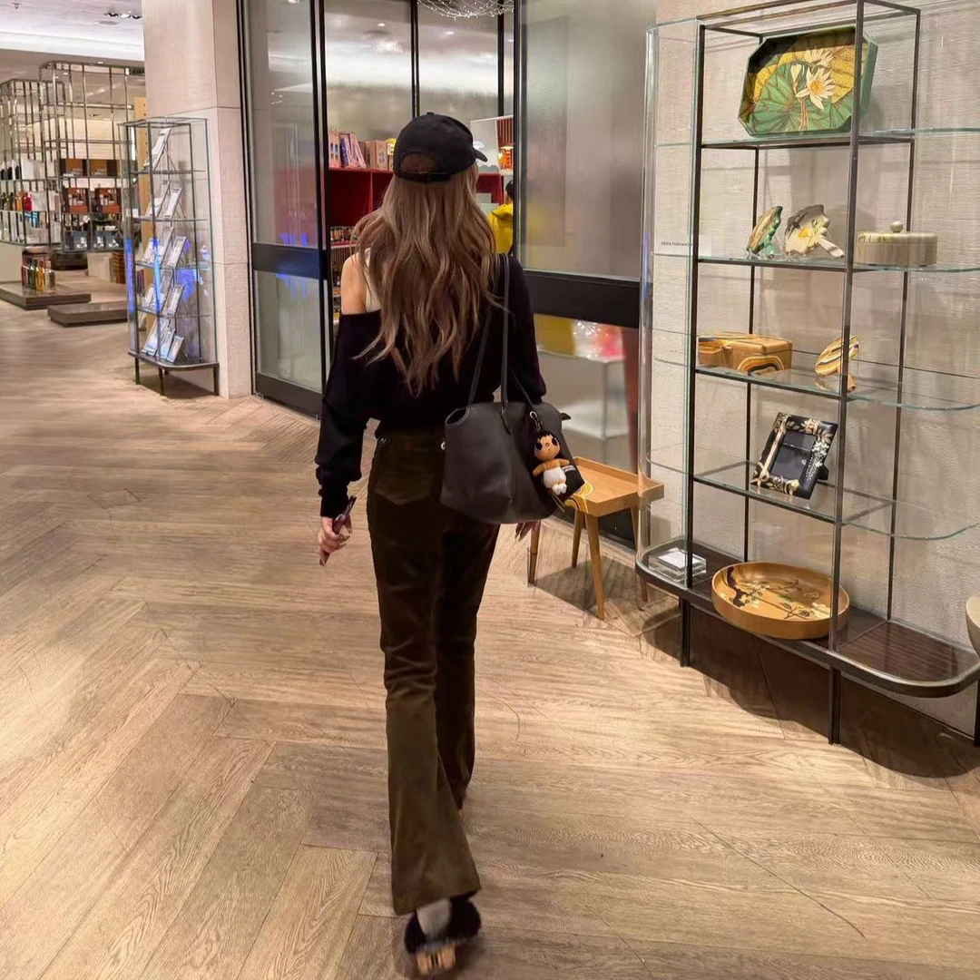 MungsEra 「超绝比例」原创高腰复古棕绿调灯芯绒喇叭裤休闲长裤