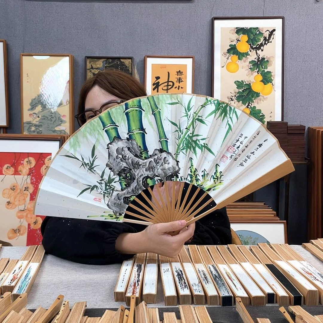 国画10寸玉竹-纯手绘-文玩扇骨（默认粘好）