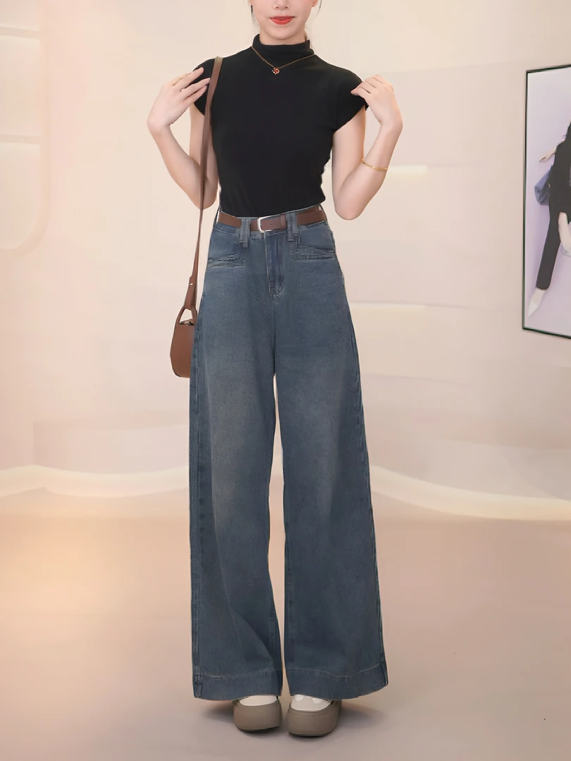【送腰带】复古韩版高腰阔腿牛仔裤女秋季新款宽松百搭拖地长裤ins