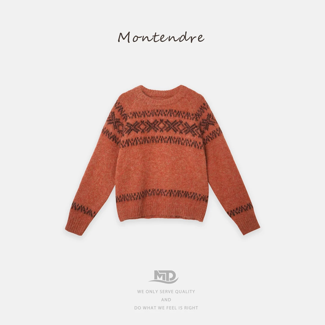 【MonTendre】秋冬新款 C 时尚氛围感高级撞色设计圆领百搭复古毛衣