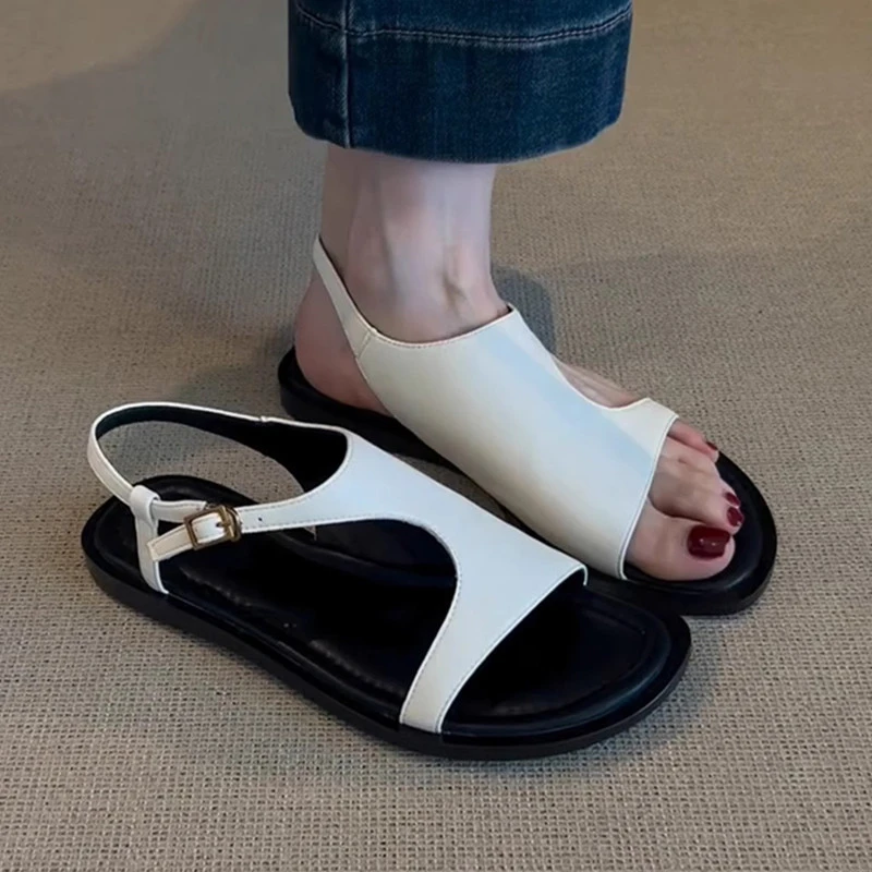 羊皮版~法式超火百搭平底鞋女夏外穿镂空通勤罗马鞋露趾舒适凉鞋