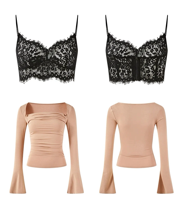 Crainfull【】荡领微喇袖修身收腰上衣含内搭蕾丝小吊带两件套