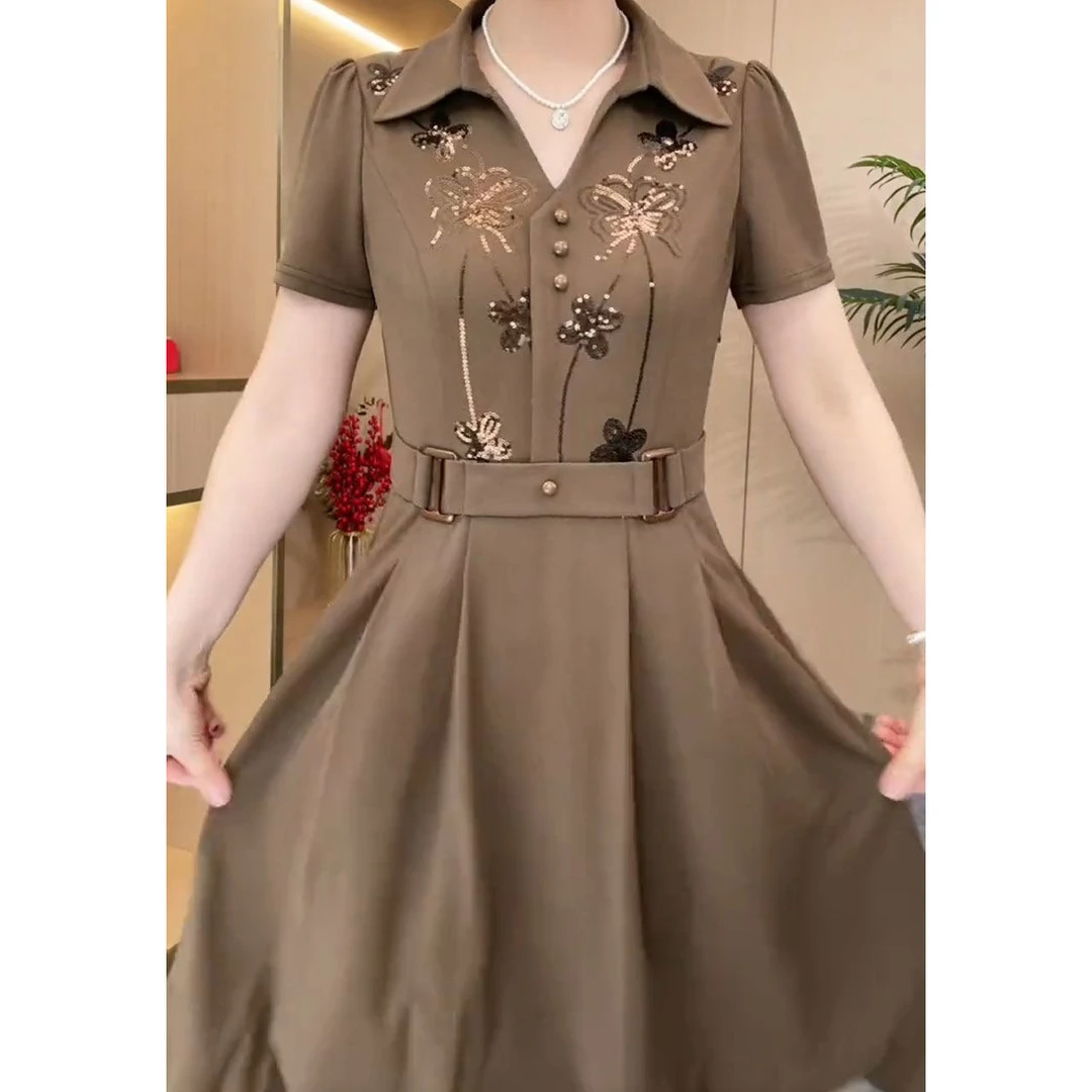 时尚短袖连衣裙女2025年夏季新款气质收腰显瘦重工亮片中长款裙子