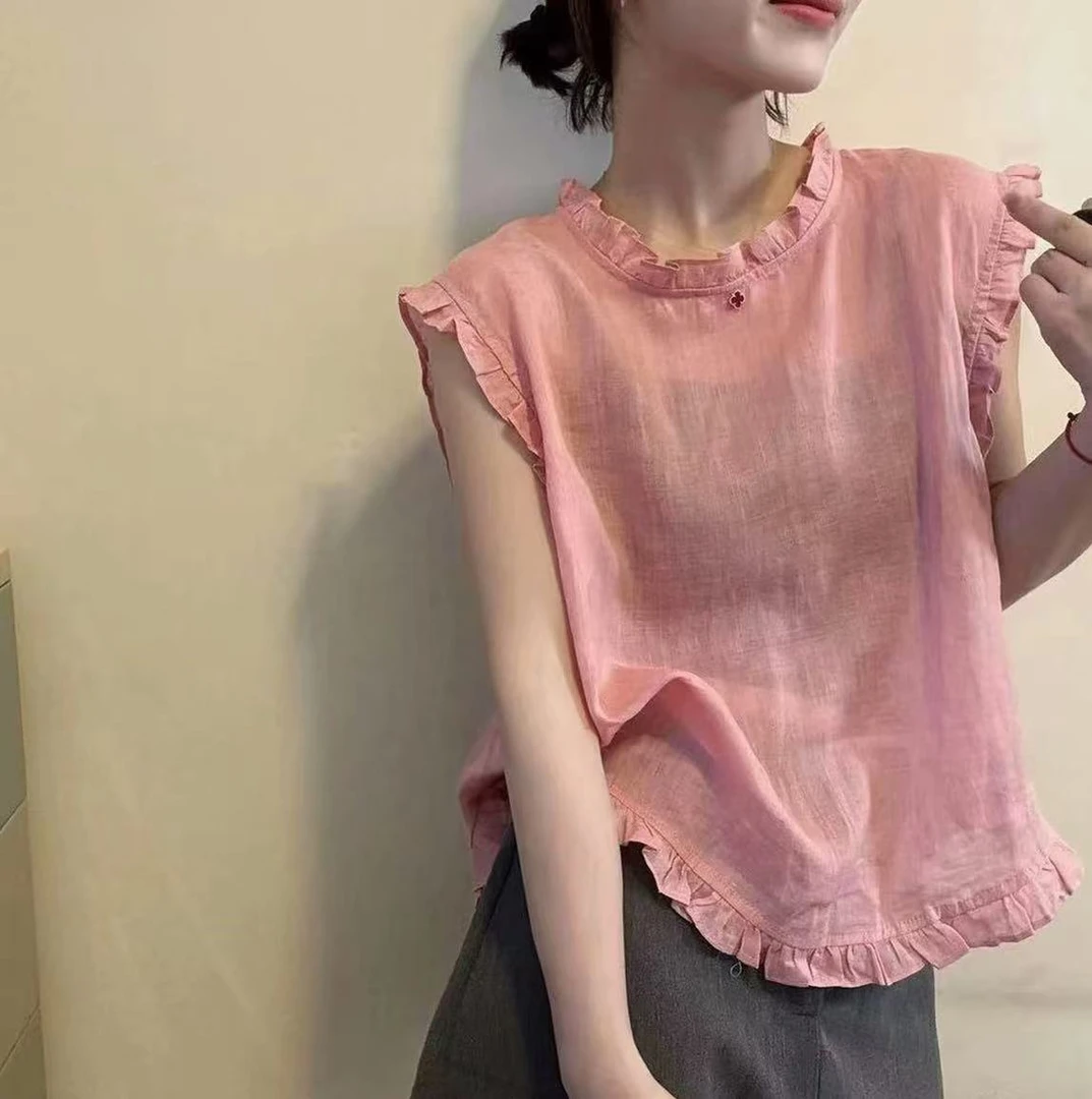 【现货粉色款】纯色无袖小衫百搭圆领复古夏季单排扣拼接薄款衬衫