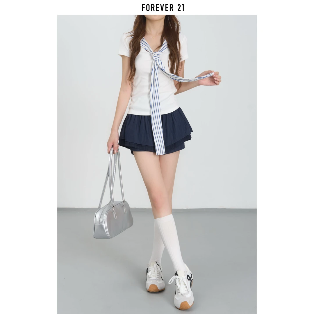 FOREVER 21/永恒 21常规宽松型V领海军领短袖通勤T恤百褶辣妹时髦