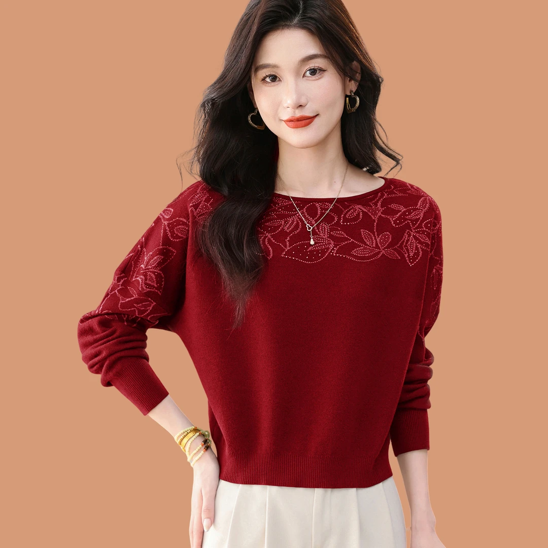 一字领毛衣女秋冬2025新款洋气刺绣花宽松蝙蝠袖羊毛针织打底小衫