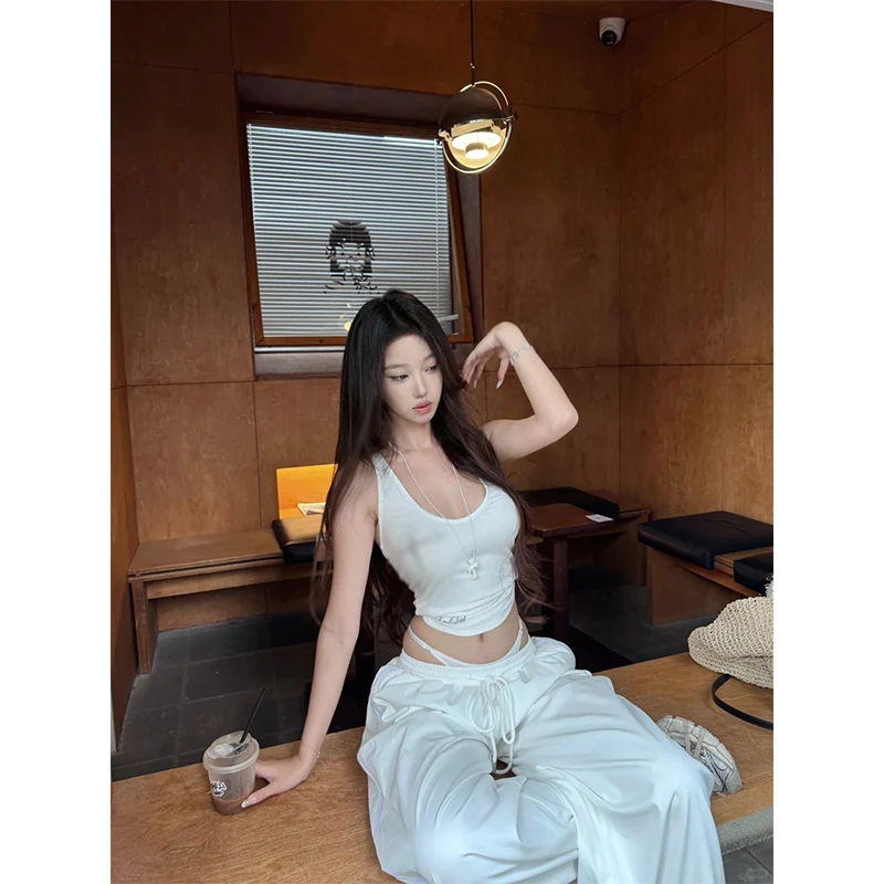 性感辣妹后背扭结工字背心外穿白色吊带上衣女长款阔腿裤时尚套装