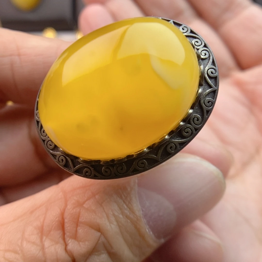 琥珀戒指银S925镶嵌仿古银