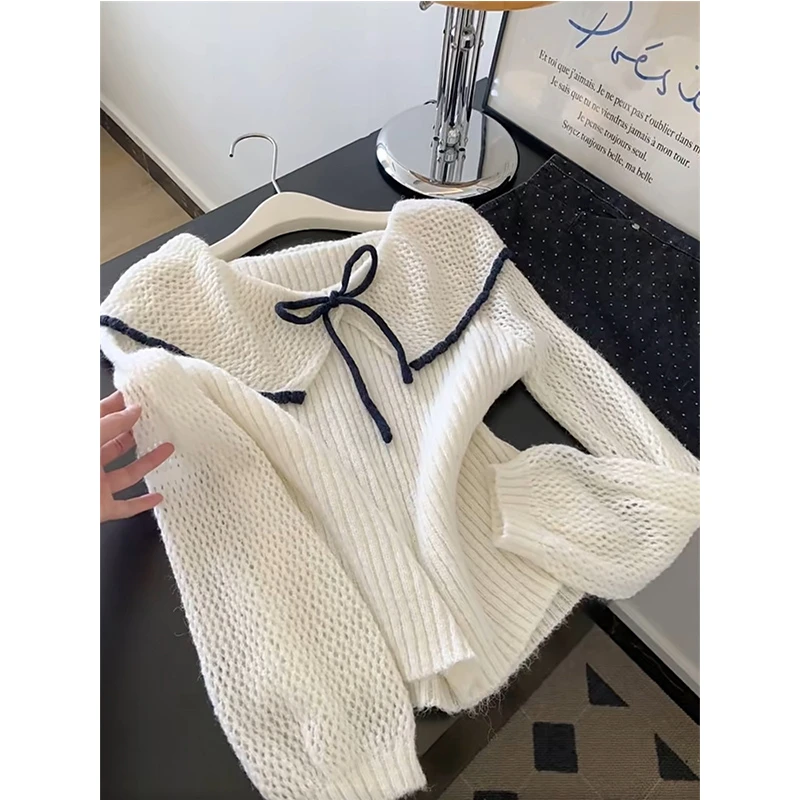 今年流行穿搭2025秋季新款撞色翻领蝴蝶结长袖针织衫女氛围感毛衣