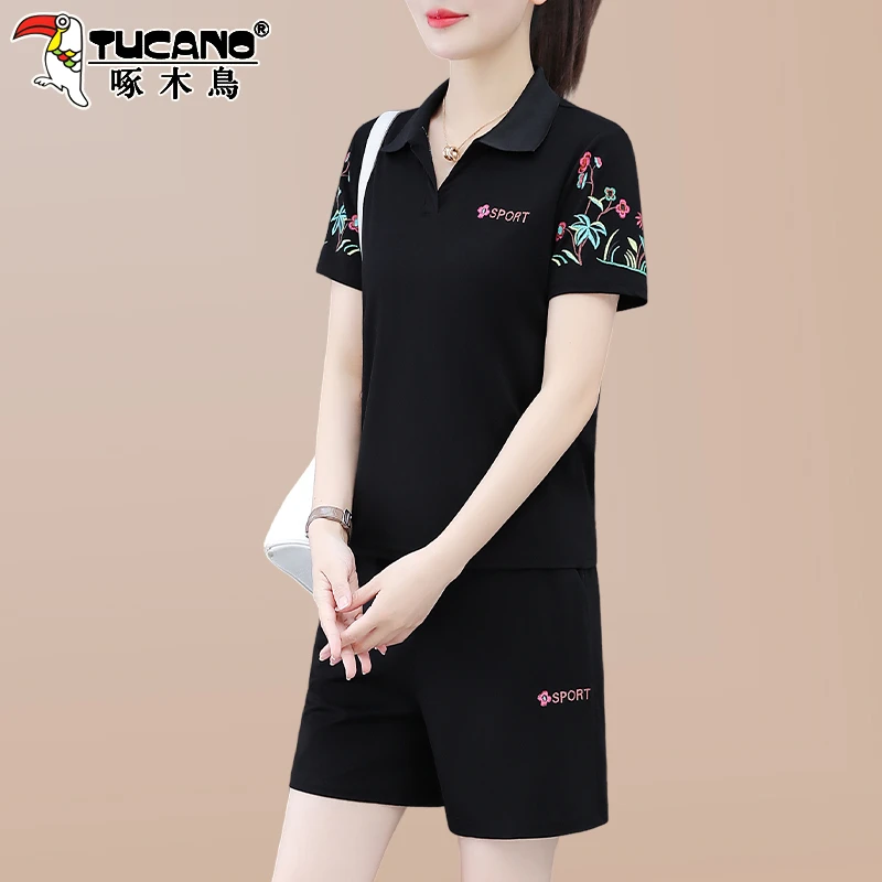 啄木鸟冰丝运动套装女2025新款夏季洋气时髦妈妈翻领短袖短裤夏装