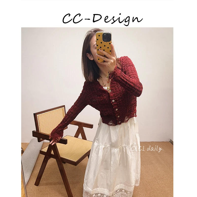 CAICAI-【恰好时光】镂空花边下摆薄款针织衫时尚开衫上衣女114107