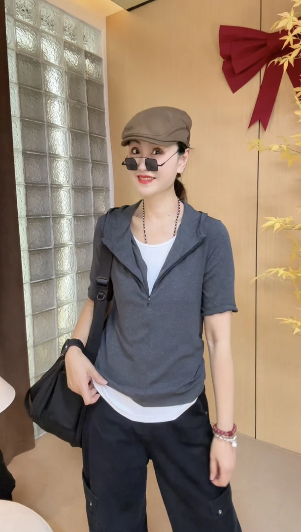 ZIBUQIFANG/紫布七坊短袖翻领连帽常规款气质直筒极简风 8025