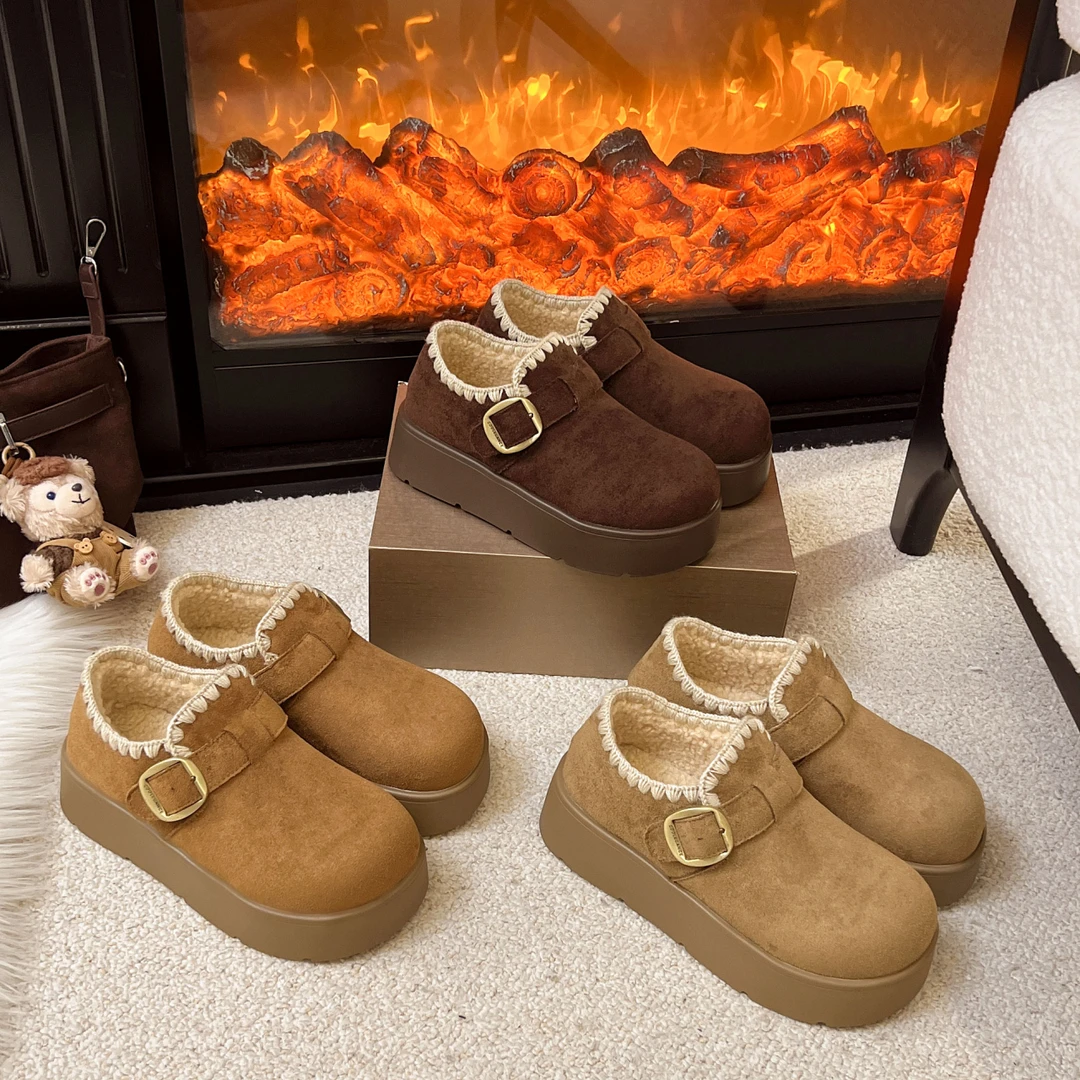厚底5公分薄绒勃肯鞋女2025新款秋冬季豆豆乐福鞋