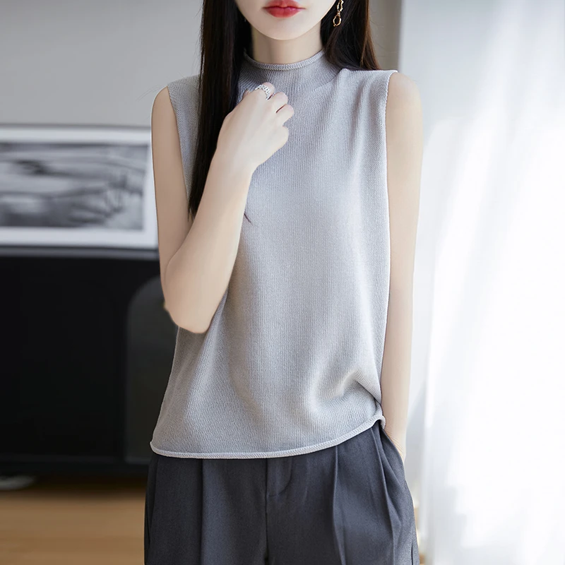 夏季莱赛尔天丝亚麻卷边半高领针织无袖背心凉感麻爽上衣打底T恤