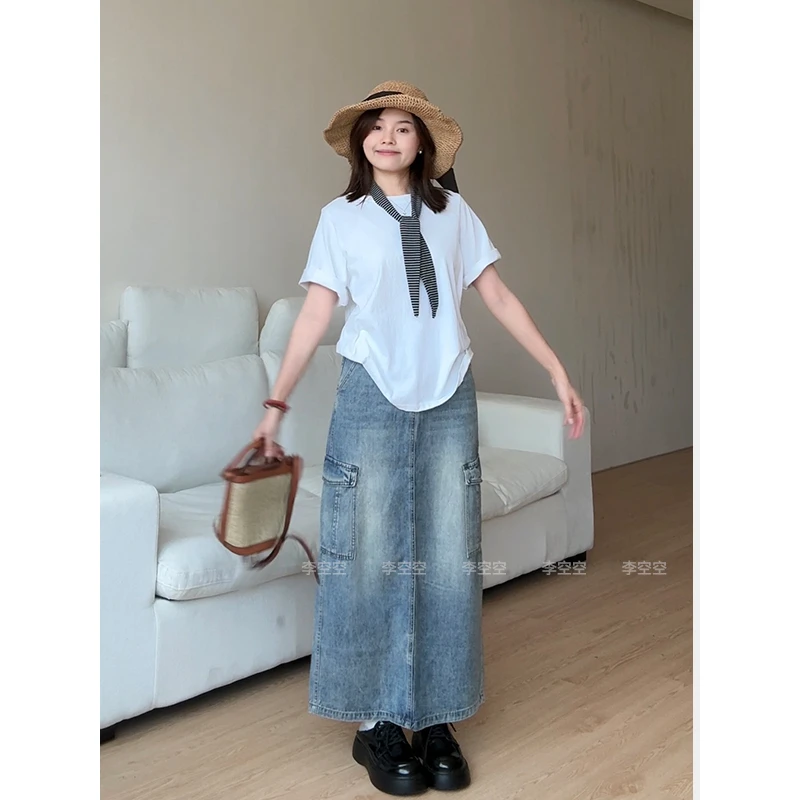 李空空【工装半身裙】复古工装牛仔裙女高腰显瘦中长款a字裙子