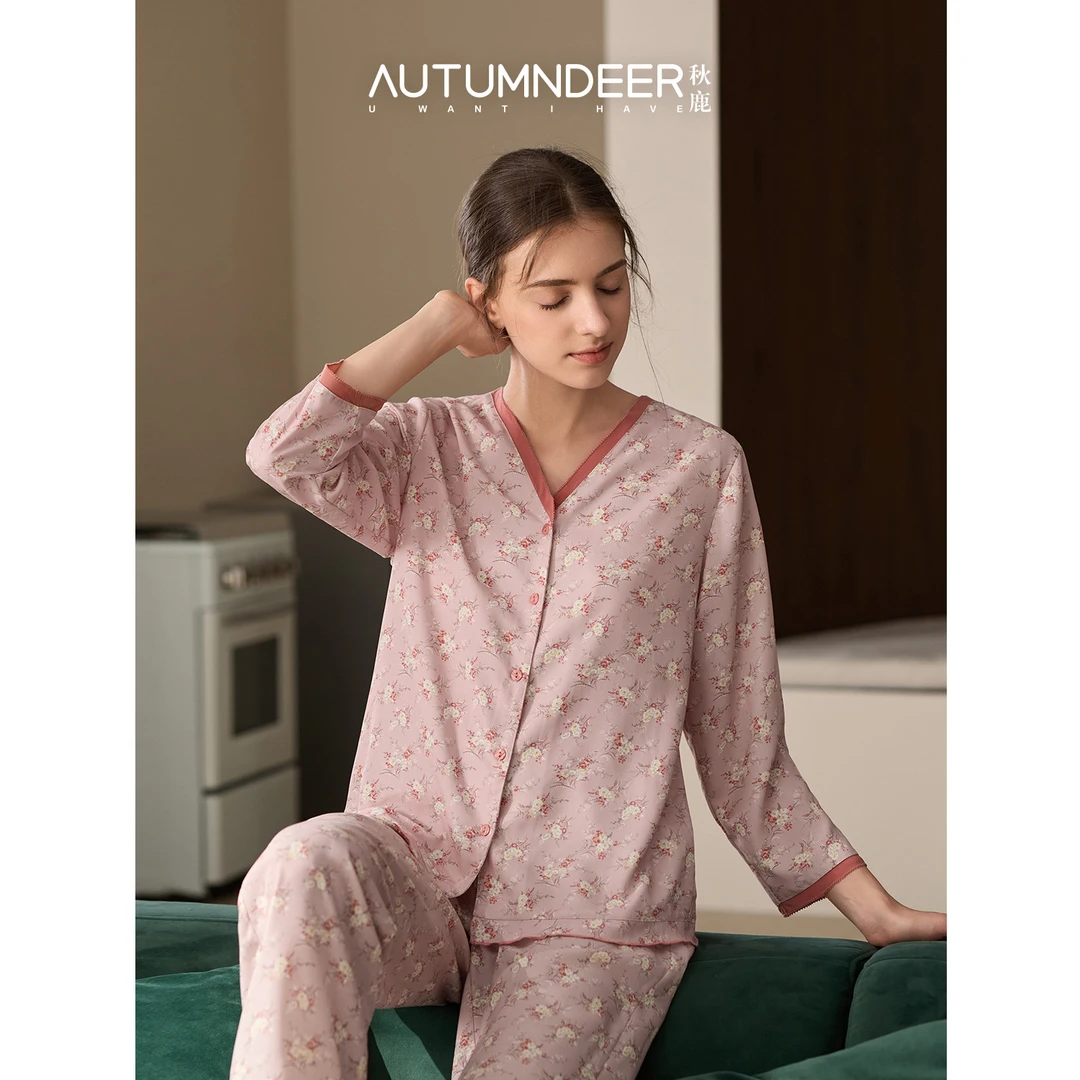 秋鹿双面爽滑棉抗菌印花V领九分袖长裤女套春秋季睡衣
