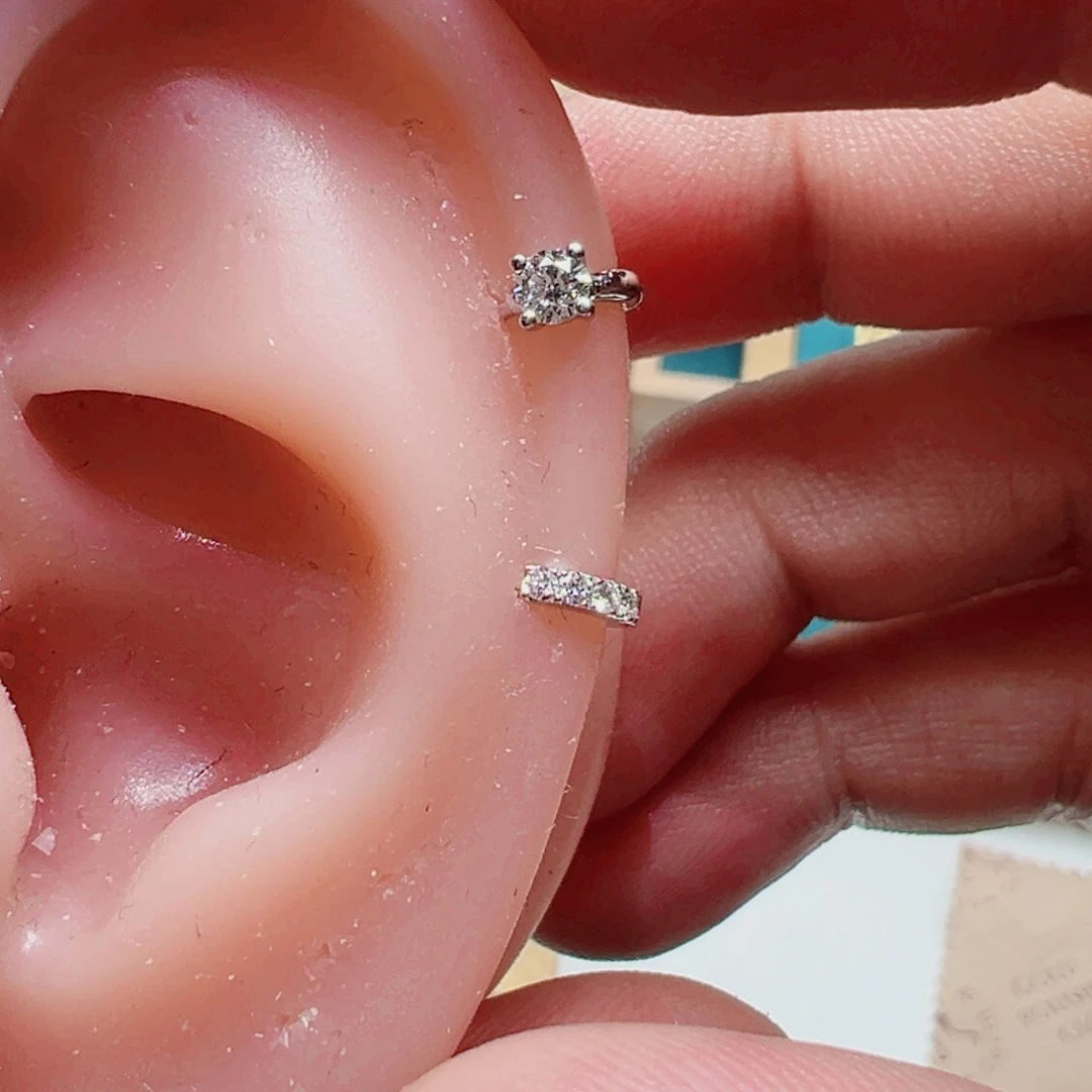 钻石耳饰18K金镶嵌6*～四爪耳骨扣4mm排钻耳骨4mmK白