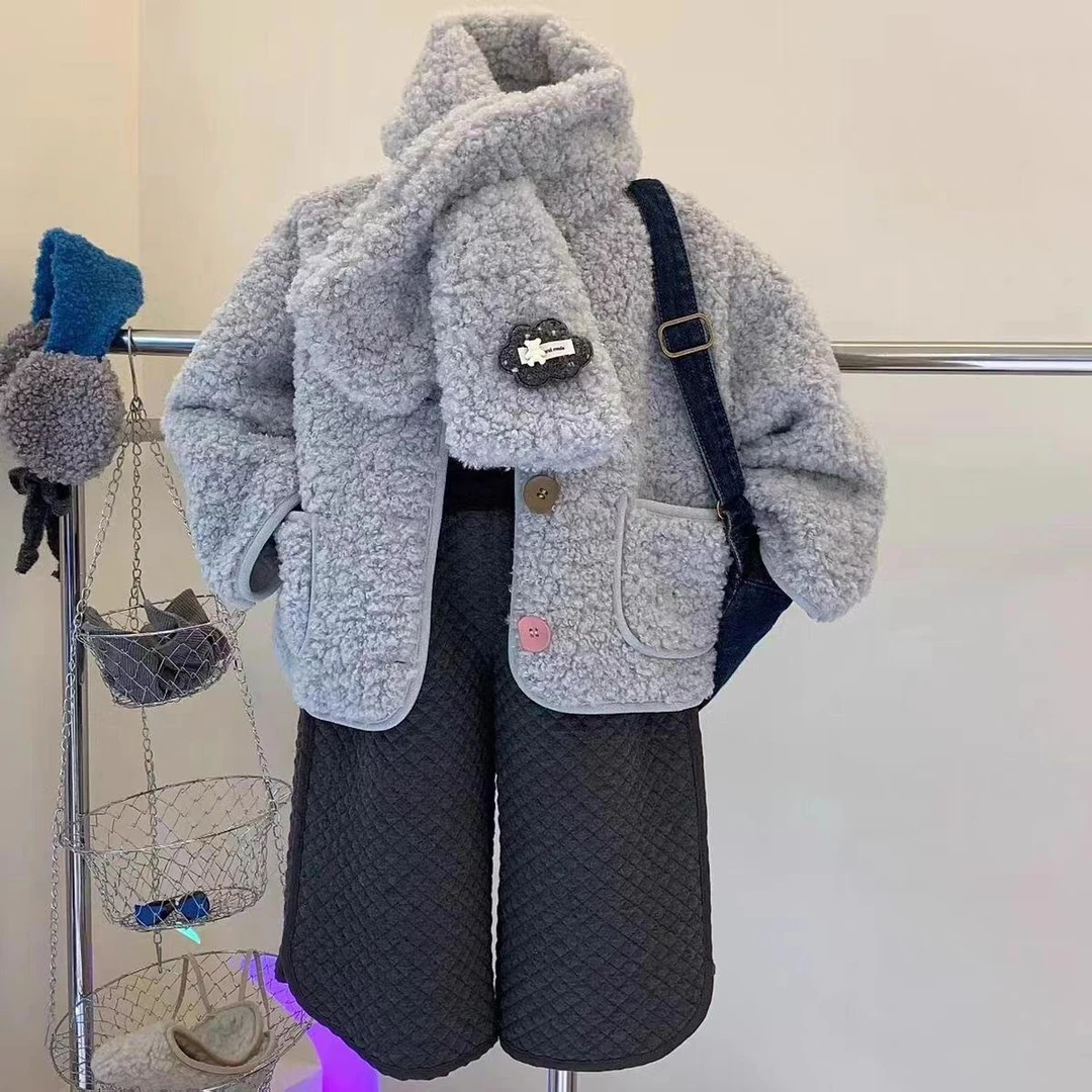 女童毛绒外套25秋冬季新款洋气宝宝冬款保暖加厚儿童上衣冬装裤子