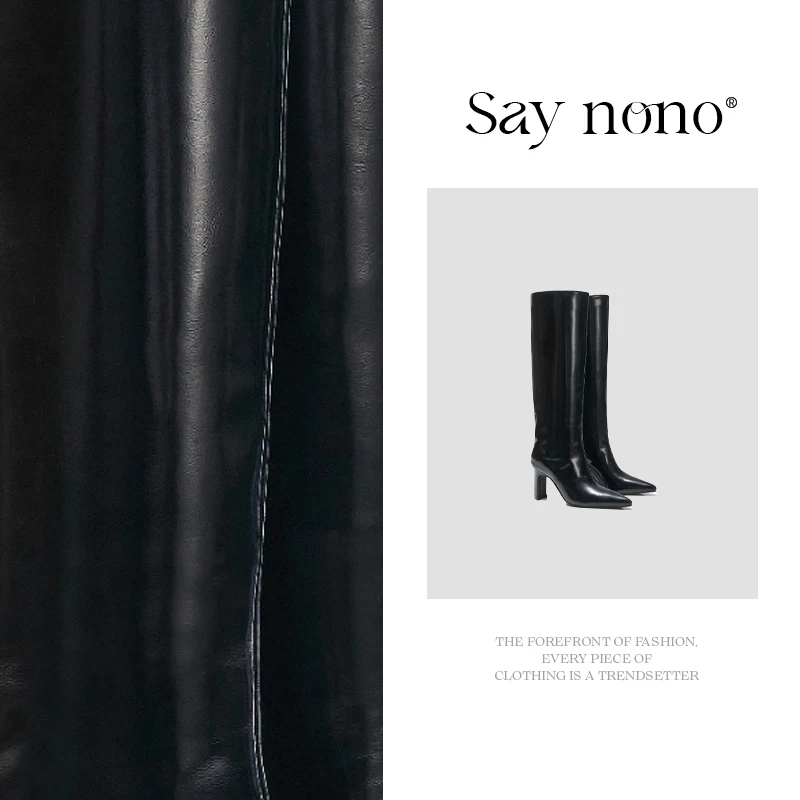 Say  nono  粗跟尖头骑士靴纯色简约气质百搭不过期时装靴7cm