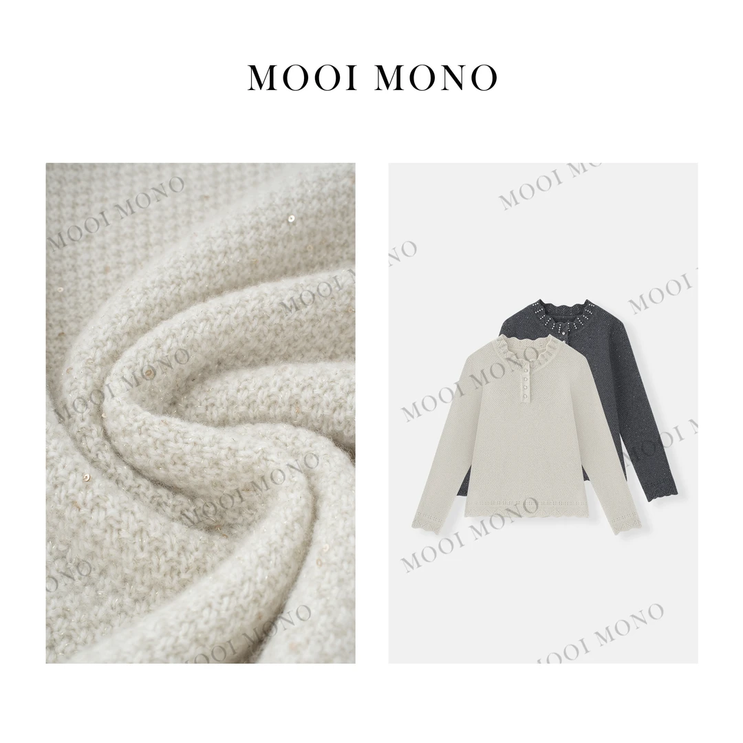 MOOI MONO"珠绣暖意"显瘦花瓣领钉珠气质花边套头针织衫 M418D51