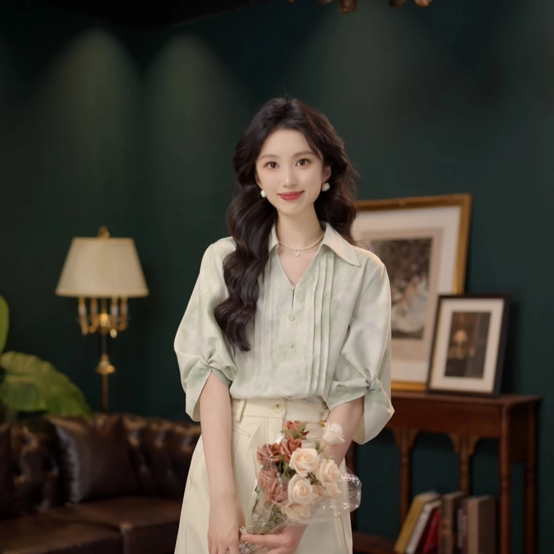 琦琦【抹茶冰奶】甜美衬衫休闲百搭短袖衬衫女夏季上衣YF1102505