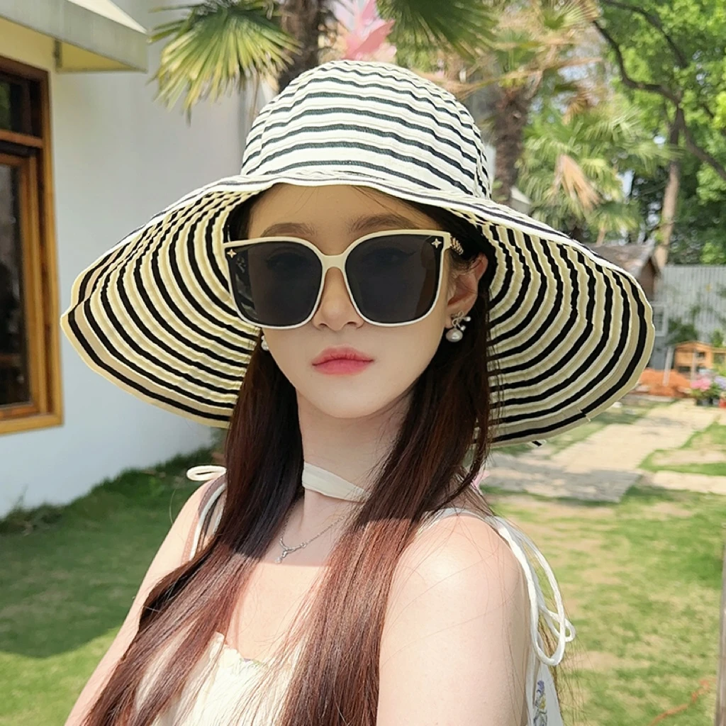 黑白条纹渔夫帽子女优雅复古气质大帽檐显脸小遮阳帽夏户外太阳帽