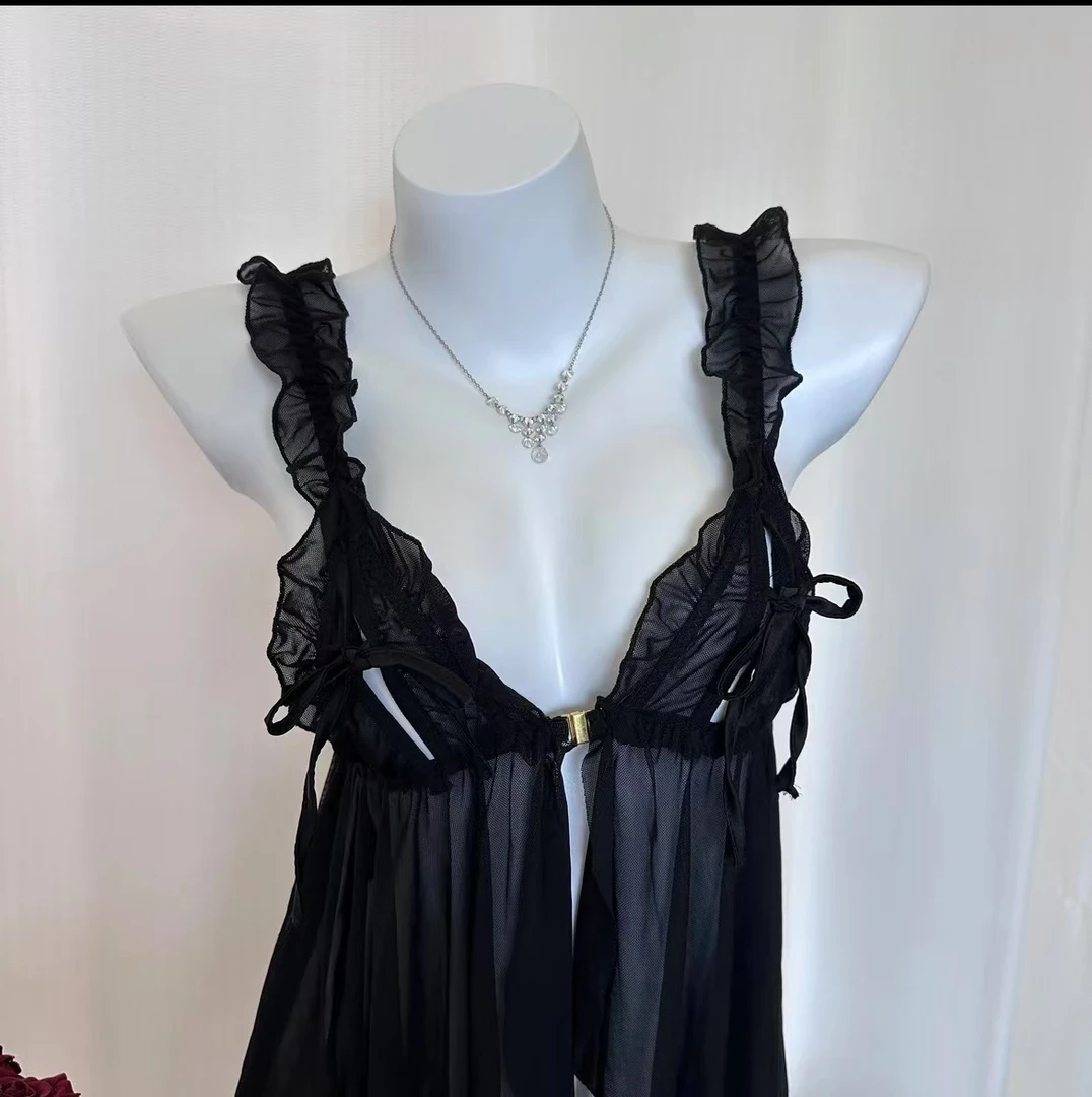 春漾【80-180斤】大码荷叶边吊带柔纱透视甜美前开扣睡裙性感斩男