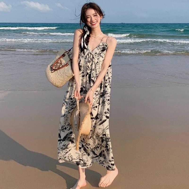 蓝海奕诺吊带连衣裙法式慵懒水墨沙滩裙复古时尚印花宽松吊带裙子